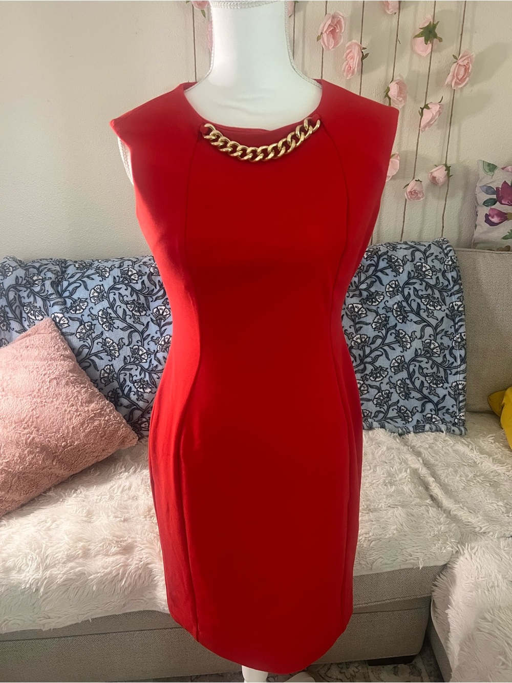 Calvin Klein Red Sheath Dress with Gold Chain Accent